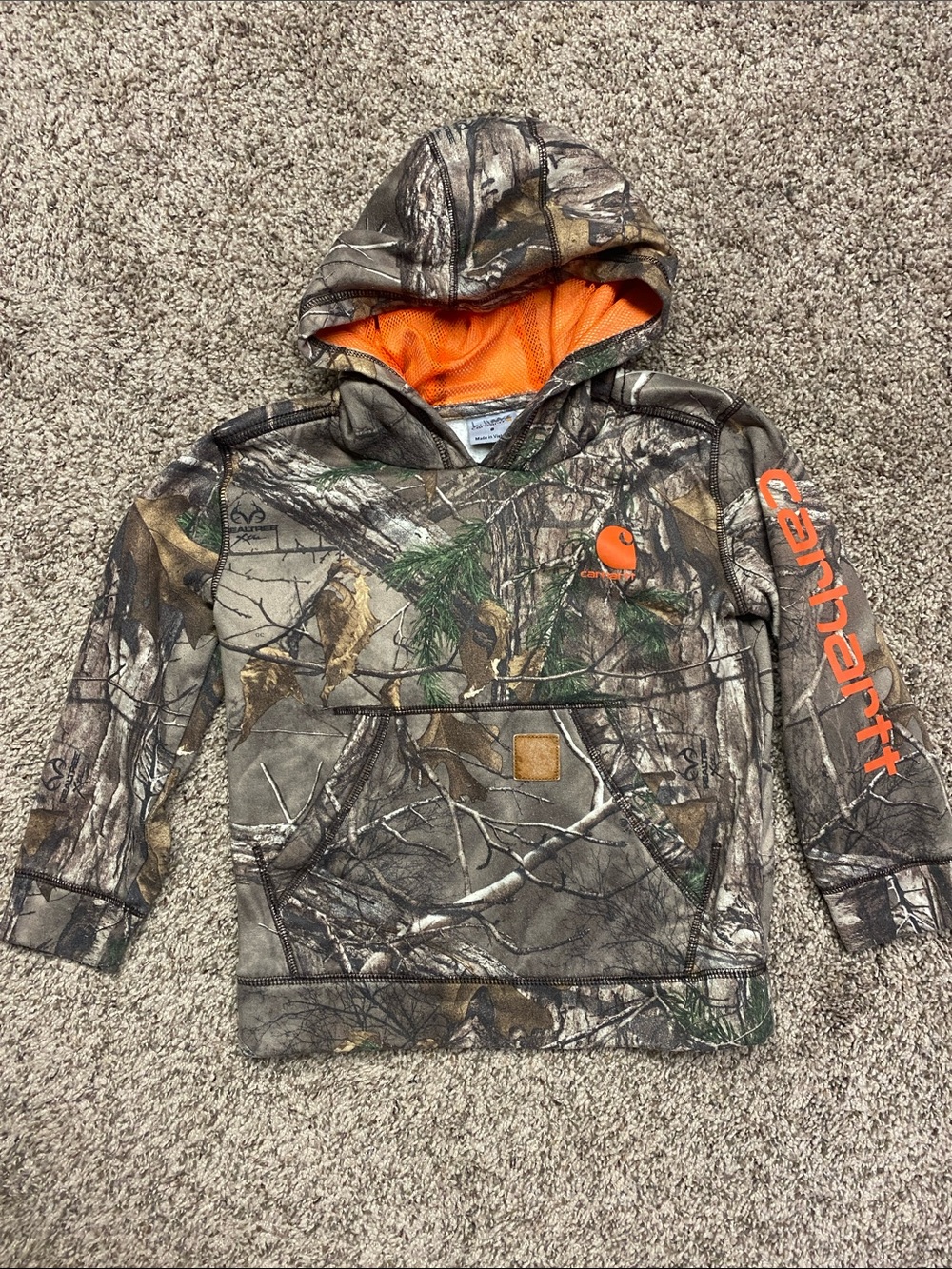 Carhartt Boys Size 6 Camo Hoodie with Orange Lining and Logo - Used - 1502